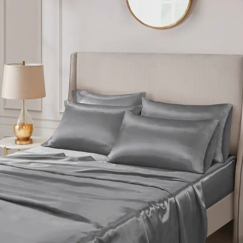 Mother'S Day Gifts 6 Piece Solid Color Satin Sheet Set (1*Flat Sheet + 1* Fitted Sheet + 4*Pillowcases, without Core), Luxury and Silky with Natural Sheen, Elastic 14" Pocket Fits up to 16" Mattress, All around Elastic - Year-Round Bedding