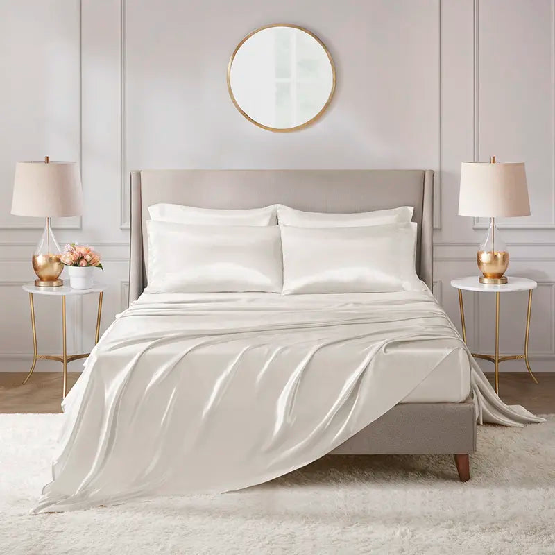 Mother'S Day Gifts 6 Piece Solid Color Satin Sheet Set (1*Flat Sheet + 1* Fitted Sheet + 4*Pillowcases, without Core), Luxury and Silky with Natural Sheen, Elastic 14" Pocket Fits up to 16" Mattress, All around Elastic - Year-Round Bedding