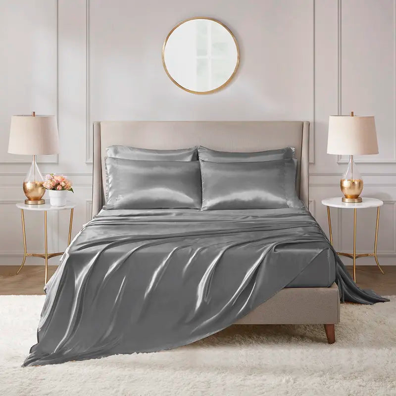 Mother'S Day Gifts 6 Piece Solid Color Satin Sheet Set (1*Flat Sheet + 1* Fitted Sheet + 4*Pillowcases, without Core), Luxury and Silky with Natural Sheen, Elastic 14" Pocket Fits up to 16" Mattress, All around Elastic - Year-Round Bedding