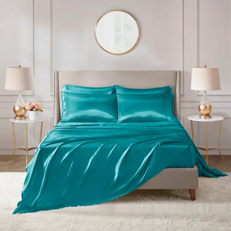 Mother'S Day Gifts 6 Piece Solid Color Satin Sheet Set (1*Flat Sheet + 1* Fitted Sheet + 4*Pillowcases, without Core), Luxury and Silky with Natural Sheen, Elastic 14" Pocket Fits up to 16" Mattress, All around Elastic - Year-Round Bedding