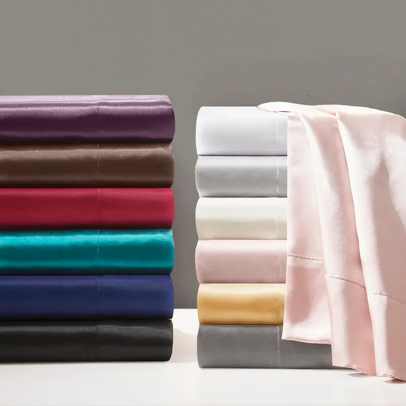 Mother'S Day Gifts 6 Piece Solid Color Satin Sheet Set (1*Flat Sheet + 1* Fitted Sheet + 4*Pillowcases, without Core), Luxury and Silky with Natural Sheen, Elastic 14" Pocket Fits up to 16" Mattress, All around Elastic - Year-Round Bedding