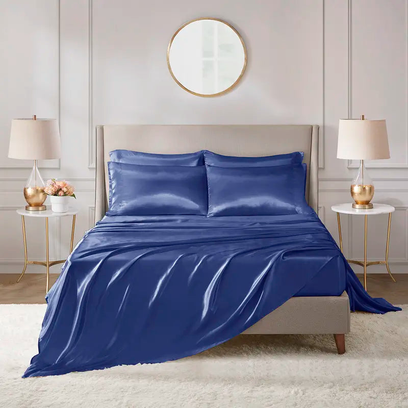 Mother'S Day Gifts 6 Piece Solid Color Satin Sheet Set (1*Flat Sheet + 1* Fitted Sheet + 4*Pillowcases, without Core), Luxury and Silky with Natural Sheen, Elastic 14" Pocket Fits up to 16" Mattress, All around Elastic - Year-Round Bedding