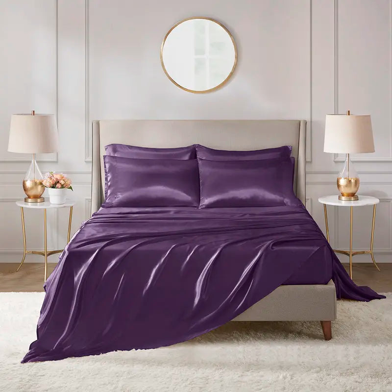 Mother'S Day Gifts 6 Piece Solid Color Satin Sheet Set (1*Flat Sheet + 1* Fitted Sheet + 4*Pillowcases, without Core), Luxury and Silky with Natural Sheen, Elastic 14" Pocket Fits up to 16" Mattress, All around Elastic - Year-Round Bedding