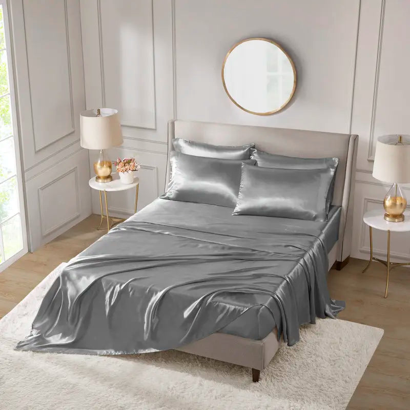 Mother'S Day Gifts 6 Piece Solid Color Satin Sheet Set (1*Flat Sheet + 1* Fitted Sheet + 4*Pillowcases, without Core), Luxury and Silky with Natural Sheen, Elastic 14" Pocket Fits up to 16" Mattress, All around Elastic - Year-Round Bedding