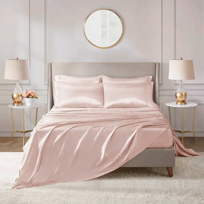 Mother'S Day Gifts 6 Piece Solid Color Satin Sheet Set (1*Flat Sheet + 1* Fitted Sheet + 4*Pillowcases, without Core), Luxury and Silky with Natural Sheen, Elastic 14" Pocket Fits up to 16" Mattress, All around Elastic - Year-Round Bedding