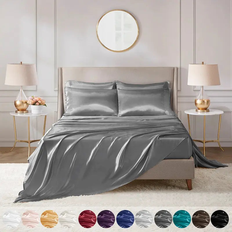 Mother'S Day Gifts 6 Piece Solid Color Satin Sheet Set (1*Flat Sheet + 1* Fitted Sheet + 4*Pillowcases, without Core), Luxury and Silky with Natural Sheen, Elastic 14" Pocket Fits up to 16" Mattress, All around Elastic - Year-Round Bedding