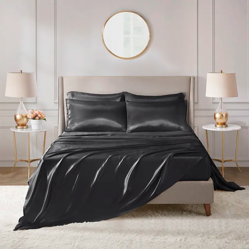 Mother'S Day Gifts 6 Piece Solid Color Satin Sheet Set (1*Flat Sheet + 1* Fitted Sheet + 4*Pillowcases, without Core), Luxury and Silky with Natural Sheen, Elastic 14" Pocket Fits up to 16" Mattress, All around Elastic - Year-Round Bedding