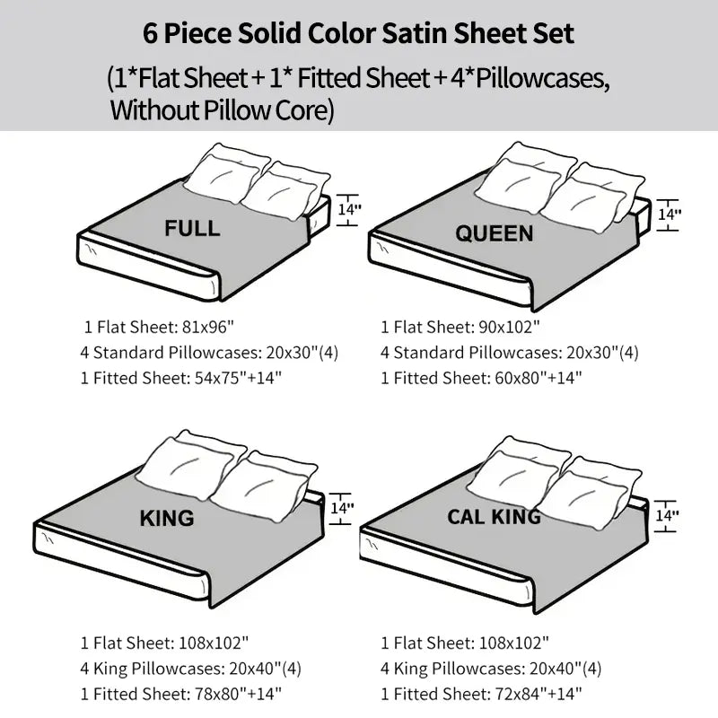 Mother'S Day Gifts 6 Piece Solid Color Satin Sheet Set (1*Flat Sheet + 1* Fitted Sheet + 4*Pillowcases, without Core), Luxury and Silky with Natural Sheen, Elastic 14" Pocket Fits up to 16" Mattress, All around Elastic - Year-Round Bedding