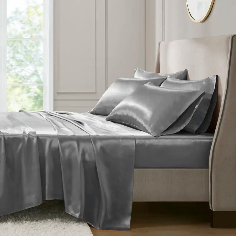 Mother'S Day Gifts 6 Piece Solid Color Satin Sheet Set (1*Flat Sheet + 1* Fitted Sheet + 4*Pillowcases, without Core), Luxury and Silky with Natural Sheen, Elastic 14" Pocket Fits up to 16" Mattress, All around Elastic - Year-Round Bedding