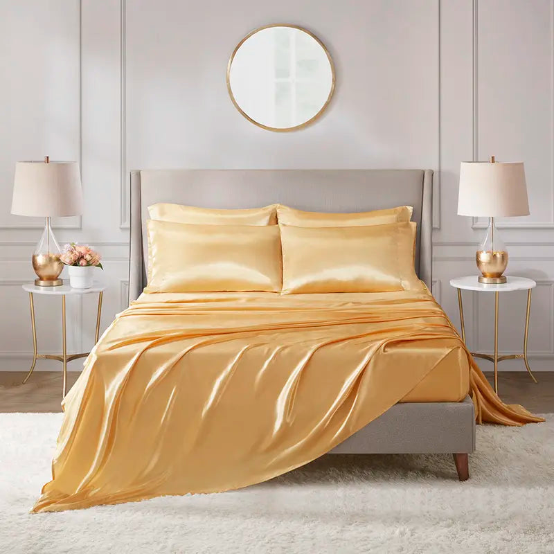 Mother'S Day Gifts 6 Piece Solid Color Satin Sheet Set (1*Flat Sheet + 1* Fitted Sheet + 4*Pillowcases, without Core), Luxury and Silky with Natural Sheen, Elastic 14" Pocket Fits up to 16" Mattress, All around Elastic - Year-Round Bedding