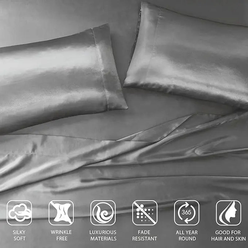 Mother'S Day Gifts 6 Piece Solid Color Satin Sheet Set (1*Flat Sheet + 1* Fitted Sheet + 4*Pillowcases, without Core), Luxury and Silky with Natural Sheen, Elastic 14" Pocket Fits up to 16" Mattress, All around Elastic - Year-Round Bedding